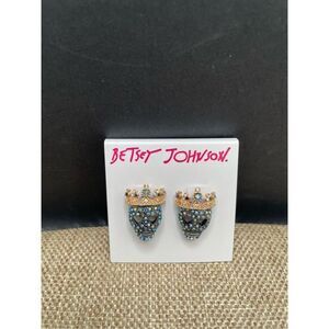NEW Betsey Johnson Gold & Gunmetal Tone Pave Crystal Skeleton King Stud Earrings